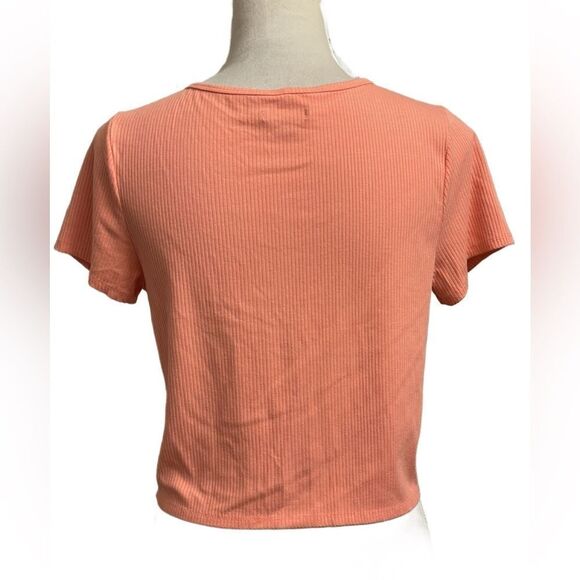 MWild Fable Peach Colored Ribbed V-Neck Short Sleeve Crop Top (Size: XL Juniors) - Picture 4 of 8